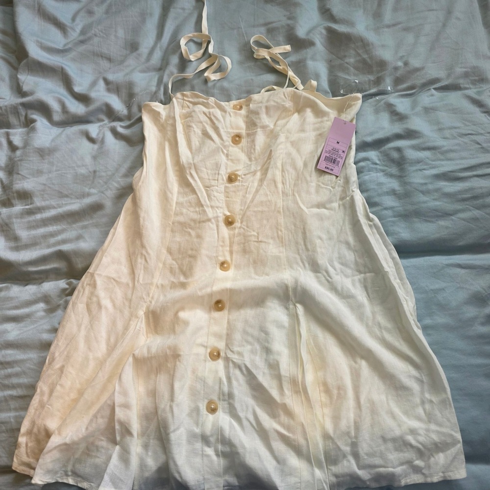 Wild Fable Cream Button Down Tie Strap Mini Dress Smocked Back Medium NWT